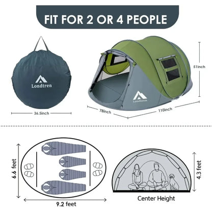 Waterproof 4 Person Tent - Instant Pop Up & 2 Doors